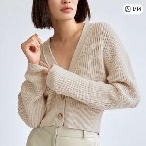 Aritzia Babaton Sz XS Canberra Short Tan Crean Knit Merino Wool Cardigan